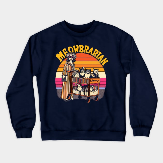 Meowbrarian Vintage 70s Style Cat Library Crewneck Sweatshirt by SubtleSplit